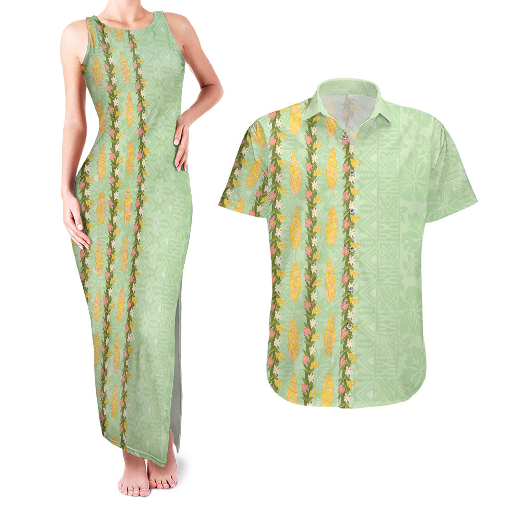 Hawaii Shell Tiare Anthurium Heliconia Lei Couples Matching Tank Maxi Dress and Hawaiian Shirt With Tapa Pattern Baby Green