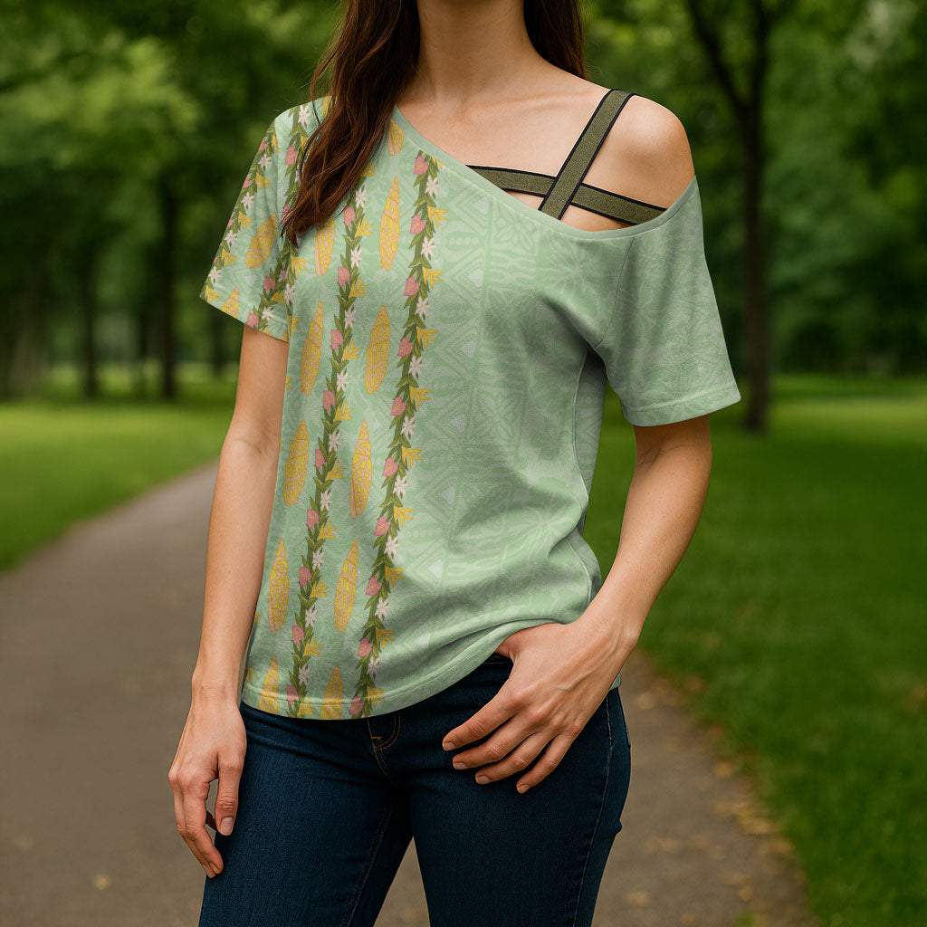 Hawaii Shell Tiare Anthurium Heliconia Lei Cross Shoulder Shirt With Tapa Pattern Baby Green