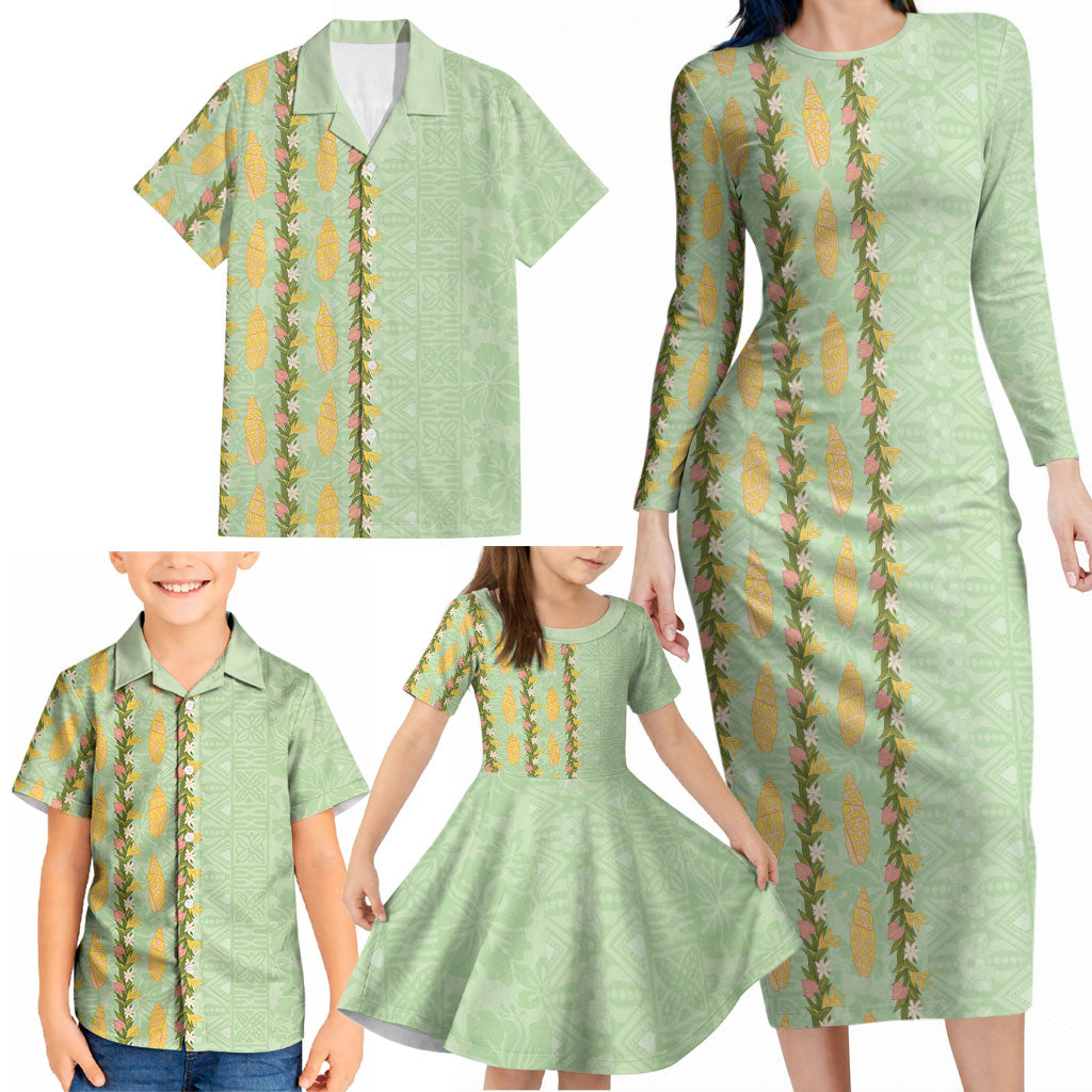 Hawaii Shell Tiare Anthurium Heliconia Lei Family Matching Long Sleeve Bodycon Dress and Hawaiian Shirt With Tapa Pattern Baby Green LT05 - Polynesian Pride