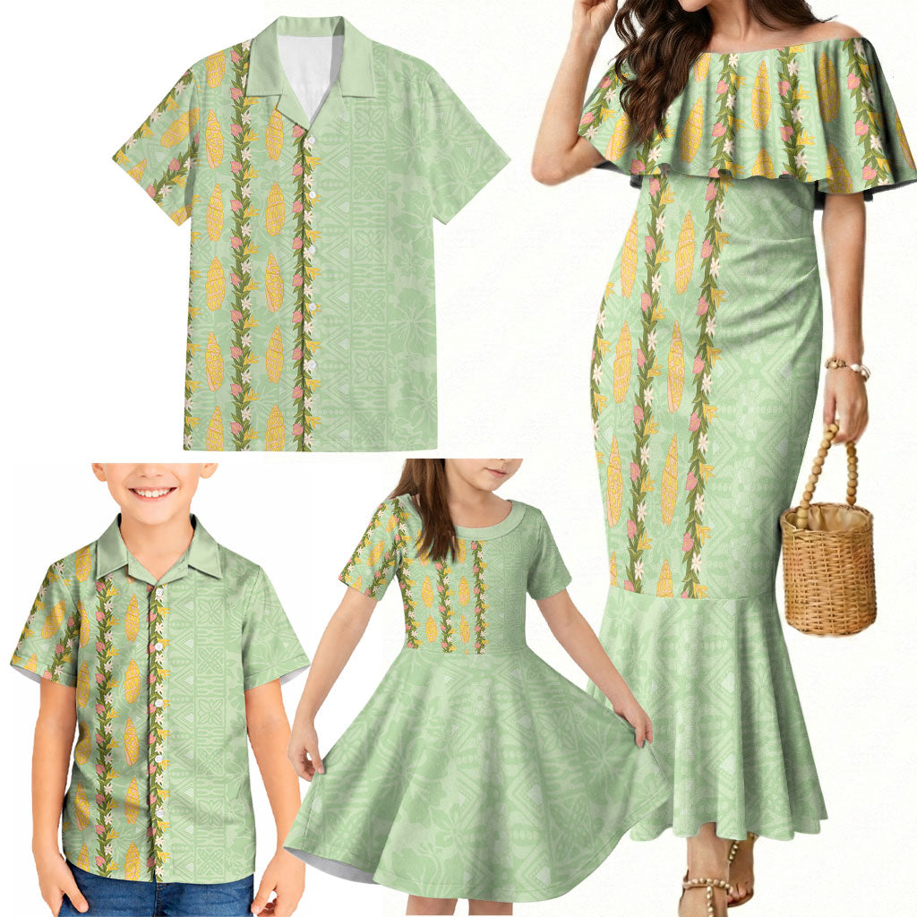 Hawaii Shell Tiare Anthurium Heliconia Lei Family Matching Mermaid Dress and Hawaiian Shirt With Tapa Pattern Baby Green LT05 - Polynesian Pride
