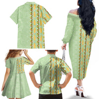 Hawaii Shell Tiare Anthurium Heliconia Lei Family Matching Off The Shoulder Long Sleeve Dress and Hawaiian Shirt With Tapa Pattern Baby Green