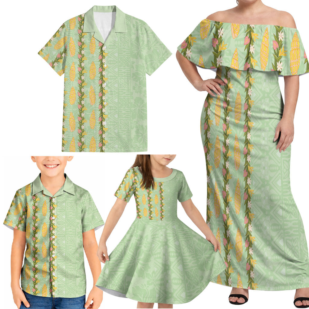 Hawaii Shell Tiare Anthurium Heliconia Lei Family Matching Off Shoulder Maxi Dress and Hawaiian Shirt With Tapa Pattern Baby Green LT05 - Polynesian Pride