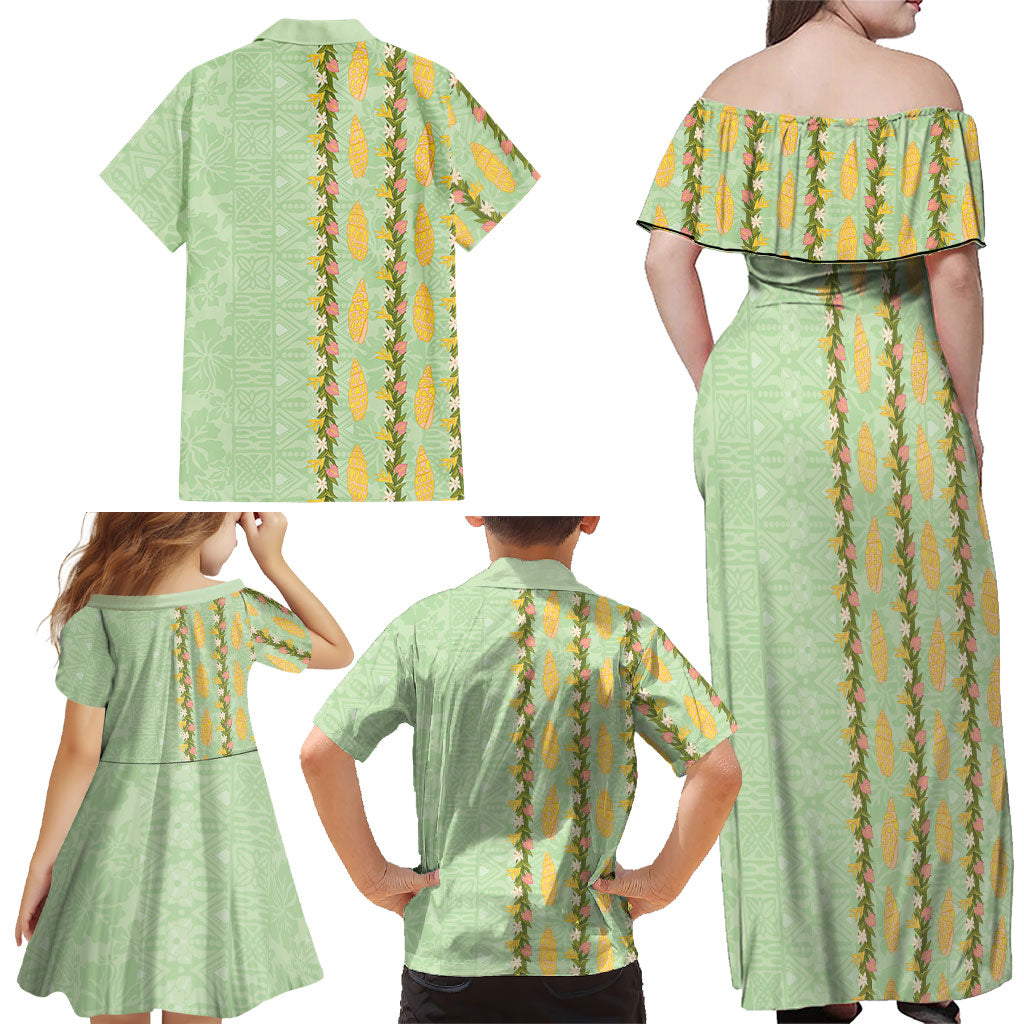 Hawaii Shell Tiare Anthurium Heliconia Lei Family Matching Off Shoulder Maxi Dress and Hawaiian Shirt With Tapa Pattern Baby Green
