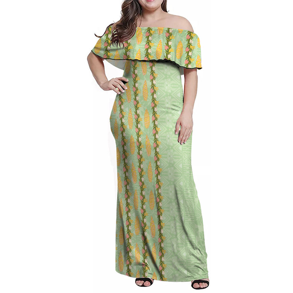 Hawaii Shell Tiare Anthurium Heliconia Lei Family Matching Off Shoulder Maxi Dress and Hawaiian Shirt With Tapa Pattern Baby Green