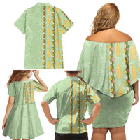 Hawaii Shell Tiare Anthurium Heliconia Lei Family Matching Off Shoulder Short Dress and Hawaiian Shirt With Tapa Pattern Baby Green