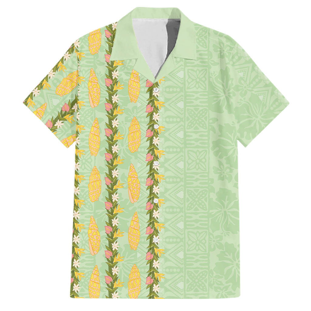 Hawaii Shell Tiare Anthurium Heliconia Lei Family Matching Puletasi and Hawaiian Shirt With Tapa Pattern Baby Green
