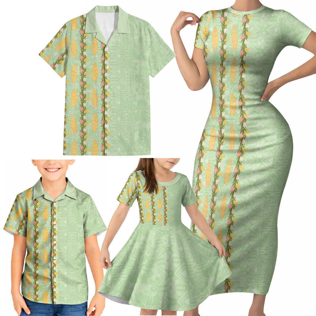 Hawaii Shell Tiare Anthurium Heliconia Lei Family Matching Short Sleeve Bodycon Dress and Hawaiian Shirt With Tapa Pattern Baby Green LT05 - Polynesian Pride