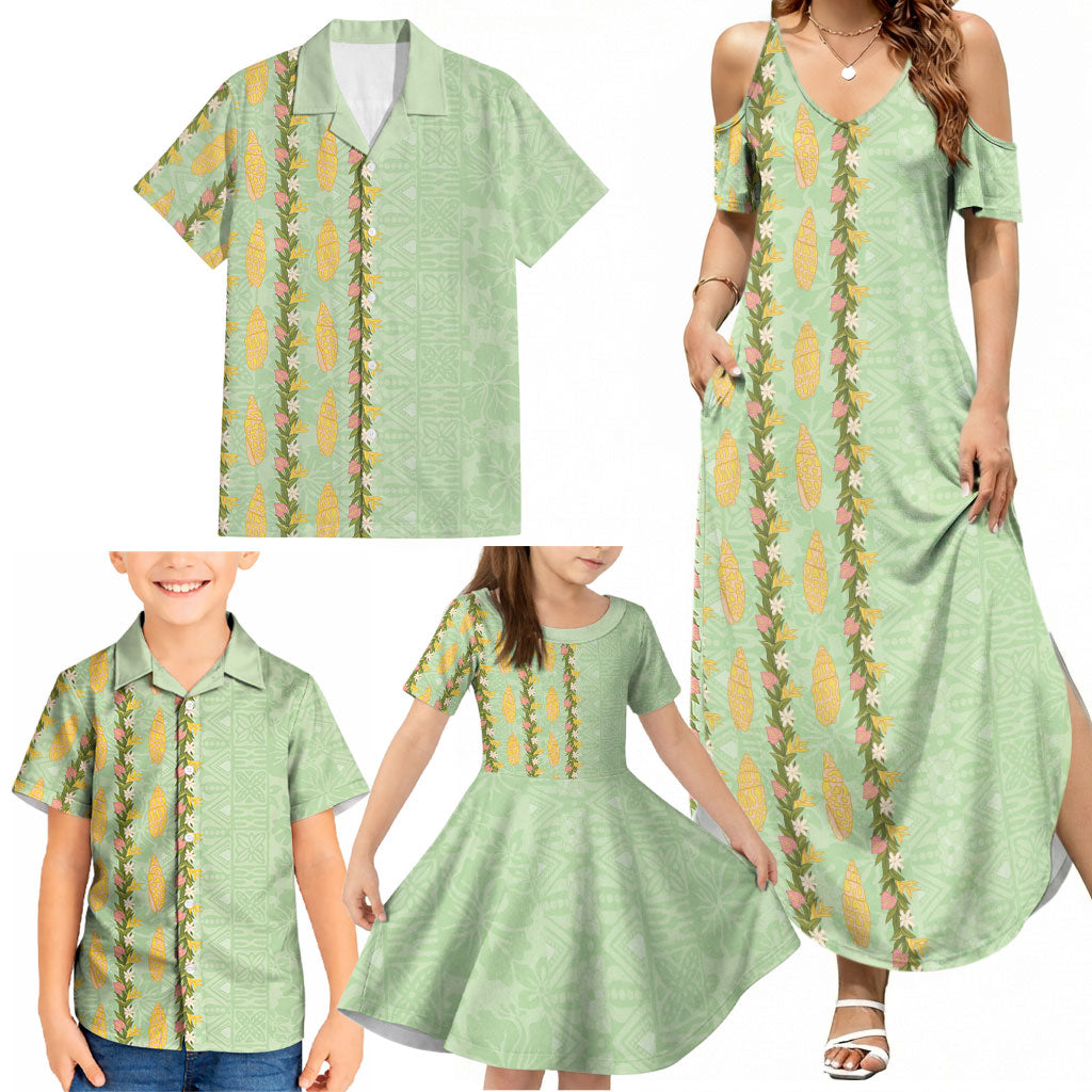 Hawaii Shell Tiare Anthurium Heliconia Lei Family Matching Summer Maxi Dress and Hawaiian Shirt With Tapa Pattern Baby Green LT05 - Polynesian Pride