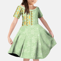 Hawaii Shell Tiare Anthurium Heliconia Lei Kid Short Sleeve Dress With Tapa Pattern Baby Green