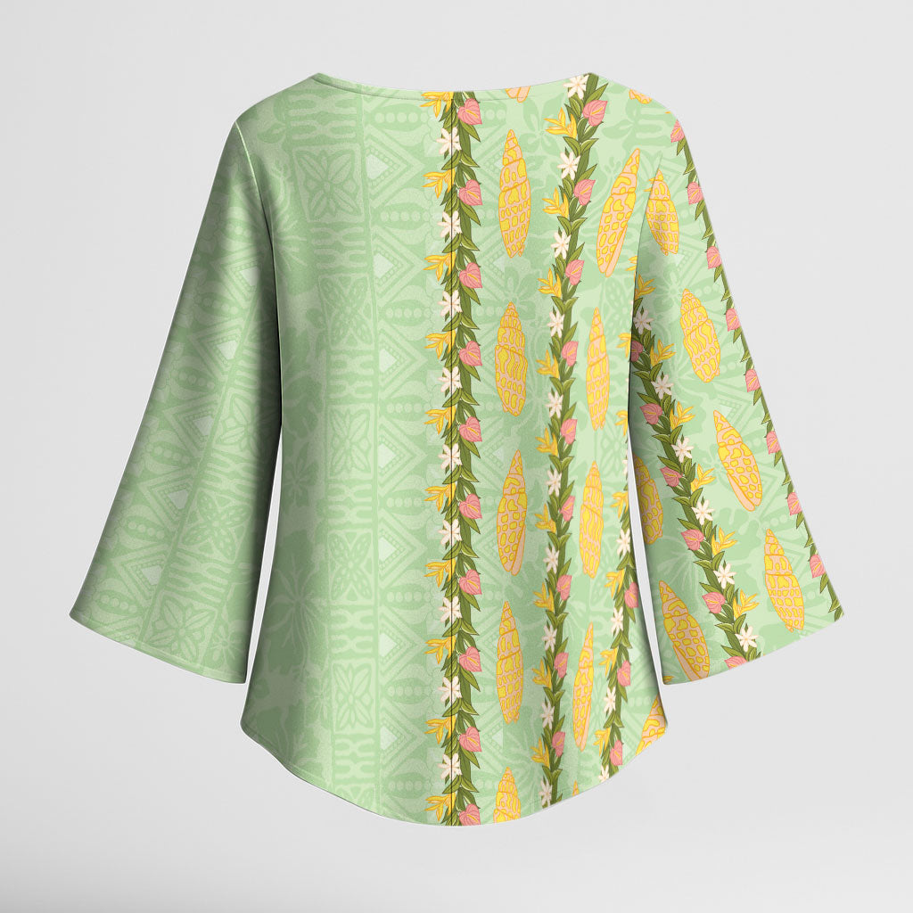Hawaii Shell Tiare Anthurium Heliconia Lei Kimono Sleeve Blouse With Tapa Pattern Baby Green