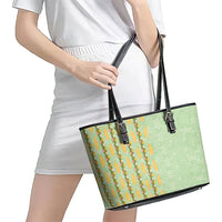 Hawaii Shell Tiare Anthurium Heliconia Lei Leather Tote Bag With Tapa Pattern Baby Green