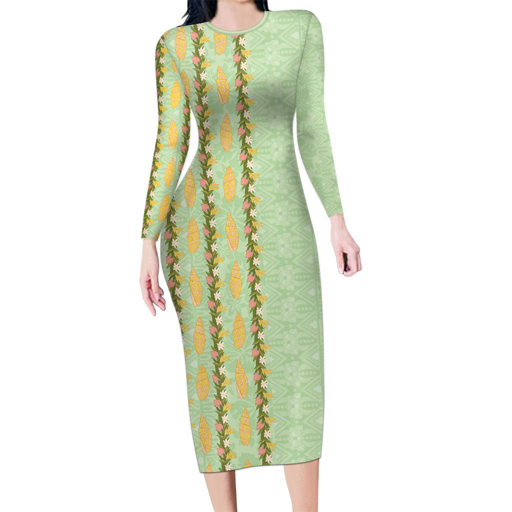 Hawaii Shell Tiare Anthurium Heliconia Lei Long Sleeve Bodycon Dress With Tapa Pattern Baby Green LT05 Long Dress Green - Polynesian Pride