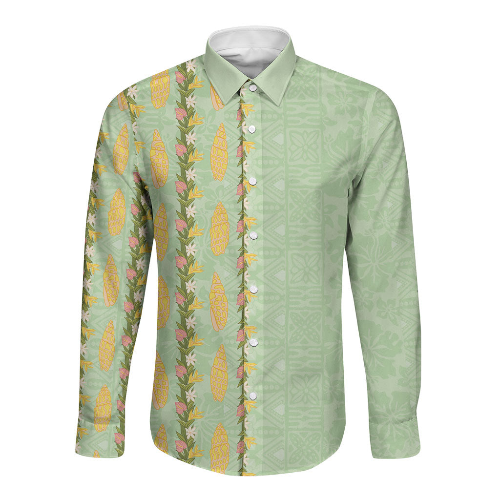 Hawaii Shell Tiare Anthurium Heliconia Lei Long Sleeve Button Shirt With Tapa Pattern Baby Green LT05 Unisex Green - Polynesian Pride