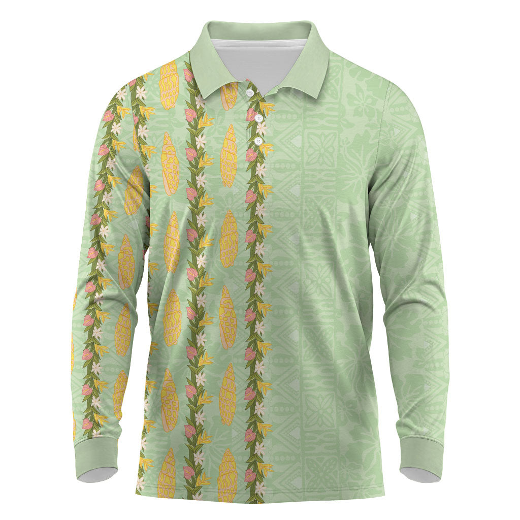 Hawaii Shell Tiare Anthurium Heliconia Lei Long Sleeve Polo Shirt With Tapa Pattern Baby Green