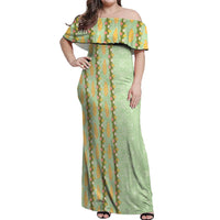 Hawaii Shell Tiare Anthurium Heliconia Lei Off Shoulder Maxi Dress With Tapa Pattern Baby Green