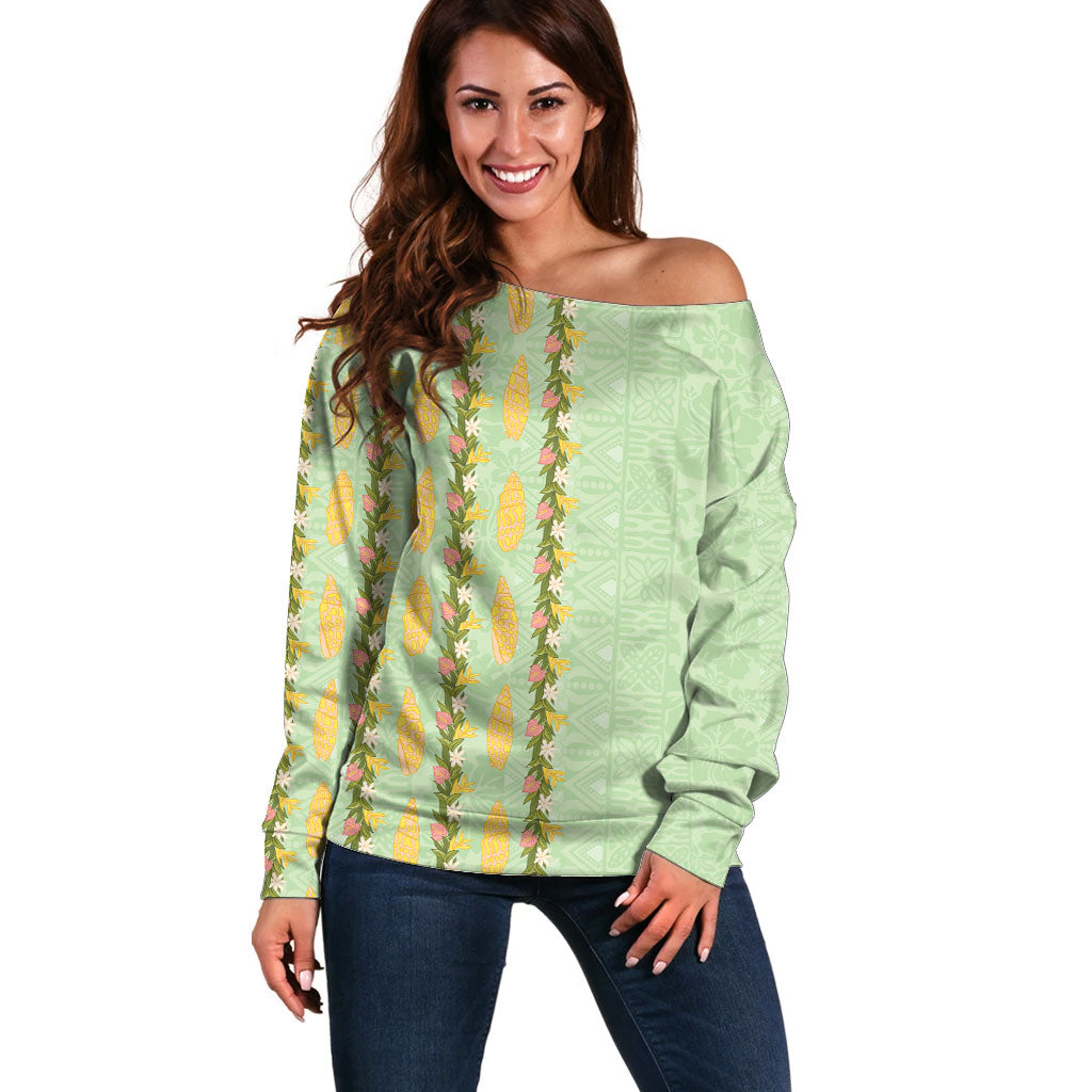 Hawaii Shell Tiare Anthurium Heliconia Lei Off Shoulder Sweater With Tapa Pattern Baby Green