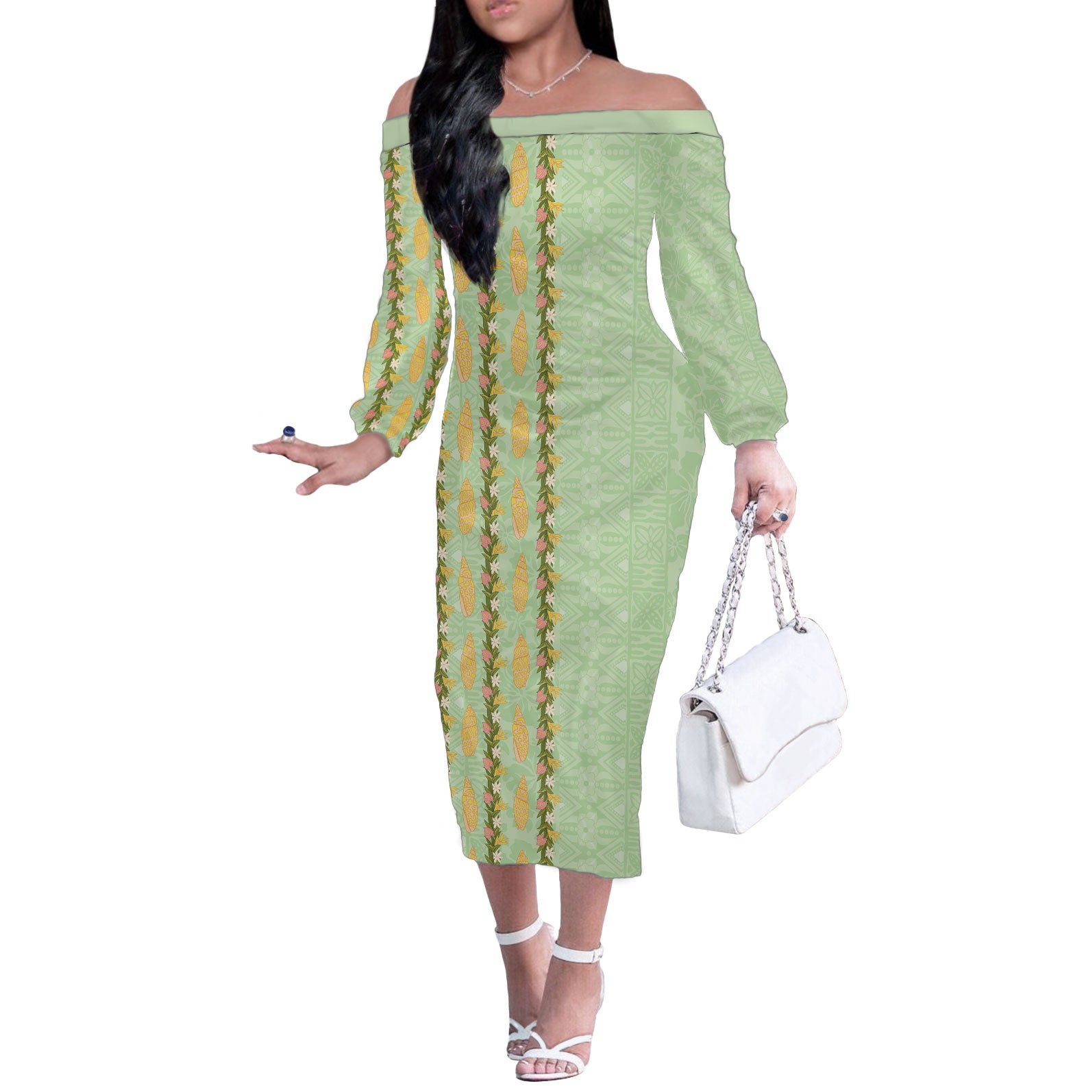 Hawaii Shell Tiare Anthurium Heliconia Lei Off The Shoulder Long Sleeve Dress With Tapa Pattern Baby Green LT05 Women Green - Polynesian Pride