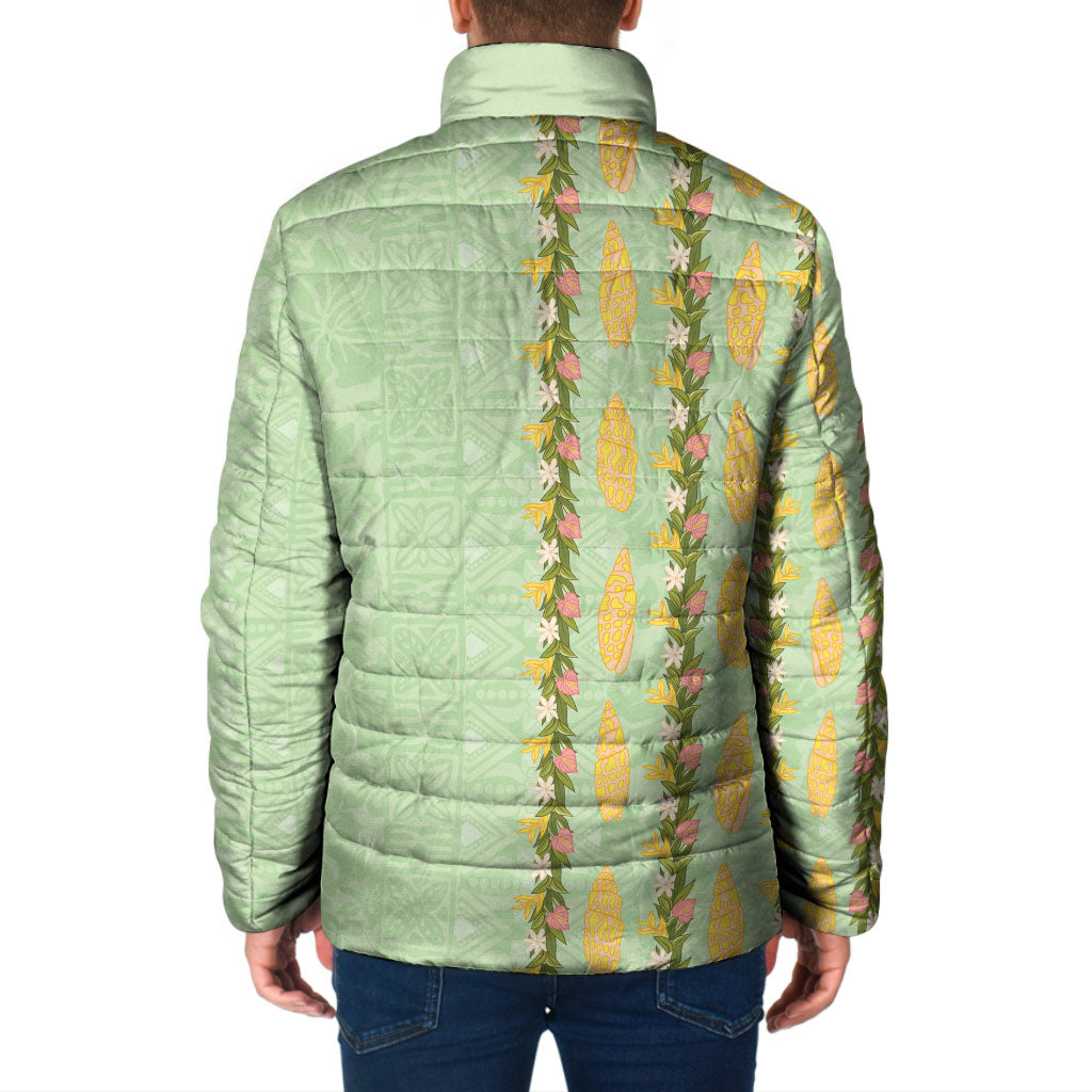 Hawaii Shell Tiare Anthurium Heliconia Lei Padded Jacket With Tapa Pattern Baby Green