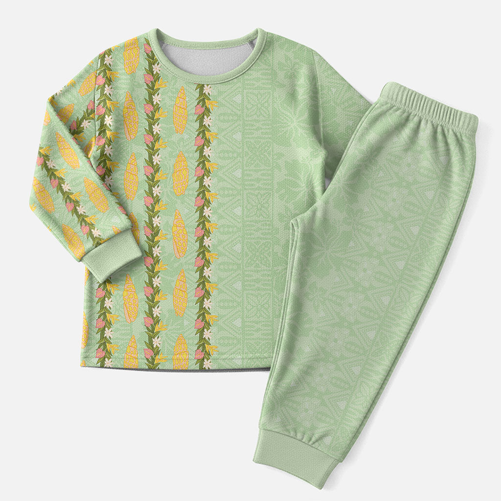 Hawaii Shell Tiare Anthurium Heliconia Lei Christmas Pajama Set With Tapa Pattern Baby Green LT05 Men Green - Polynesian Pride