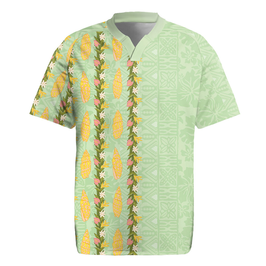 Hawaii Shell Tiare Anthurium Heliconia Lei Rugby Jersey With Tapa Pattern Baby Green LT05 Green - Polynesian Pride