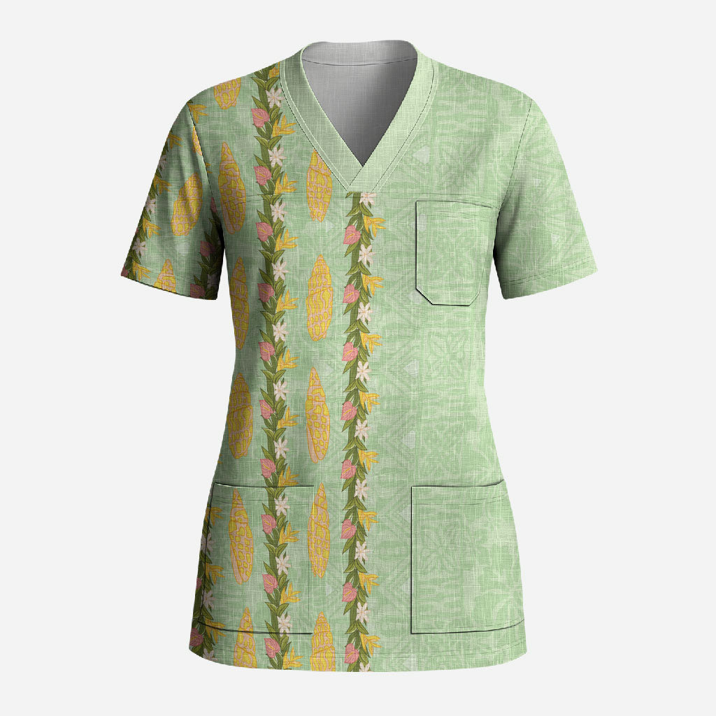 Hawaii Shell Tiare Anthurium Heliconia Lei Scrub Top With Tapa Pattern Baby Green
