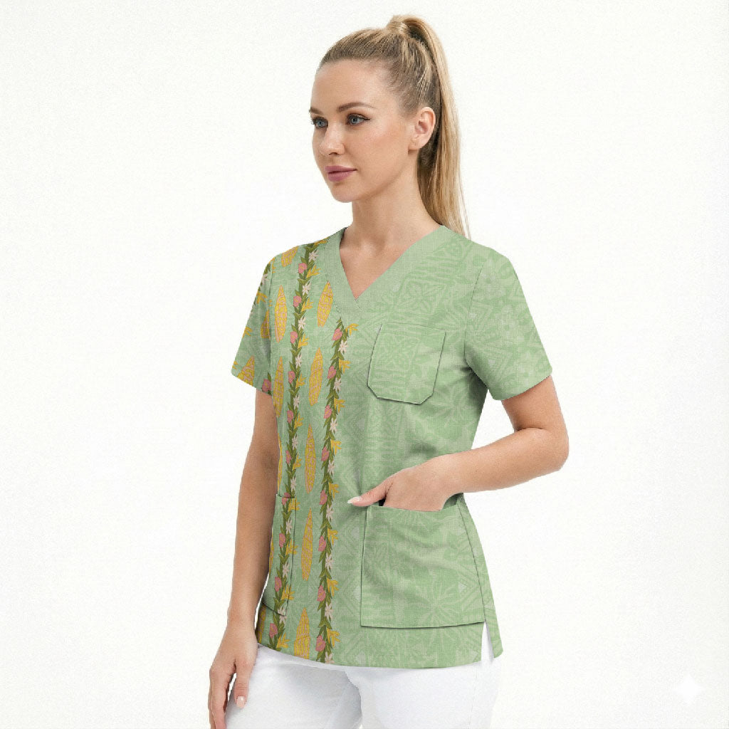 Hawaii Shell Tiare Anthurium Heliconia Lei Scrub Top With Tapa Pattern Baby Green