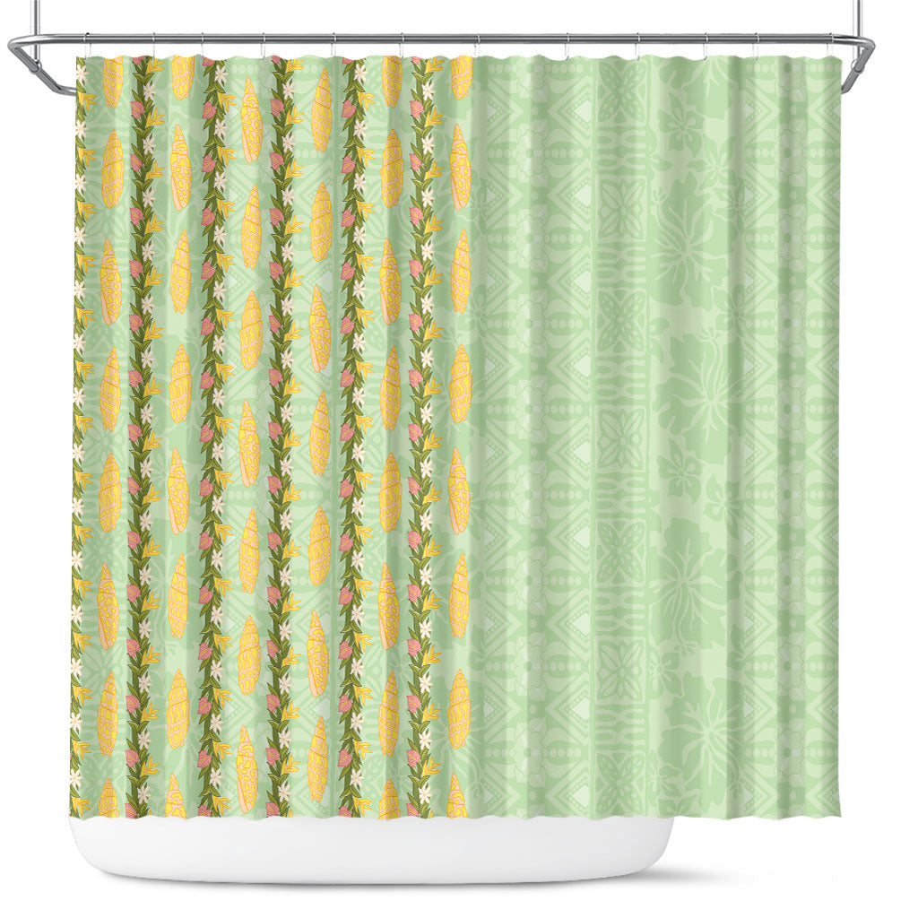 Hawaii Shell Tiare Anthurium Heliconia Lei Shower Curtain With Tapa Pattern Baby Green