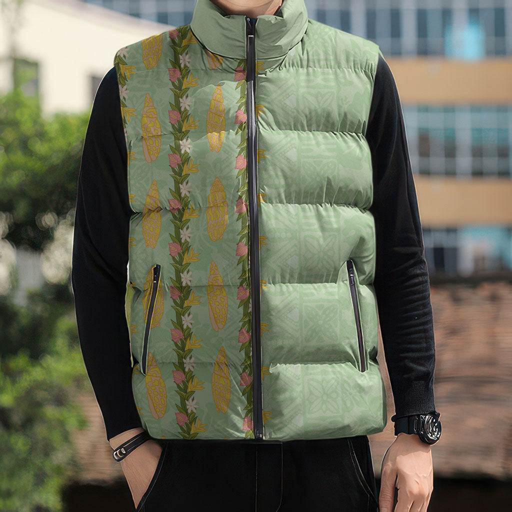 Hawaii Shell Tiare Anthurium Heliconia Lei Sleeveless Puffer Jacket With Tapa Pattern Baby Green