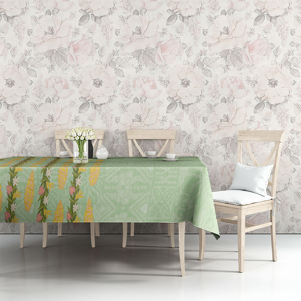 Hawaii Shell Tiare Anthurium Heliconia Lei Tablecloth With Tapa Pattern Baby Green