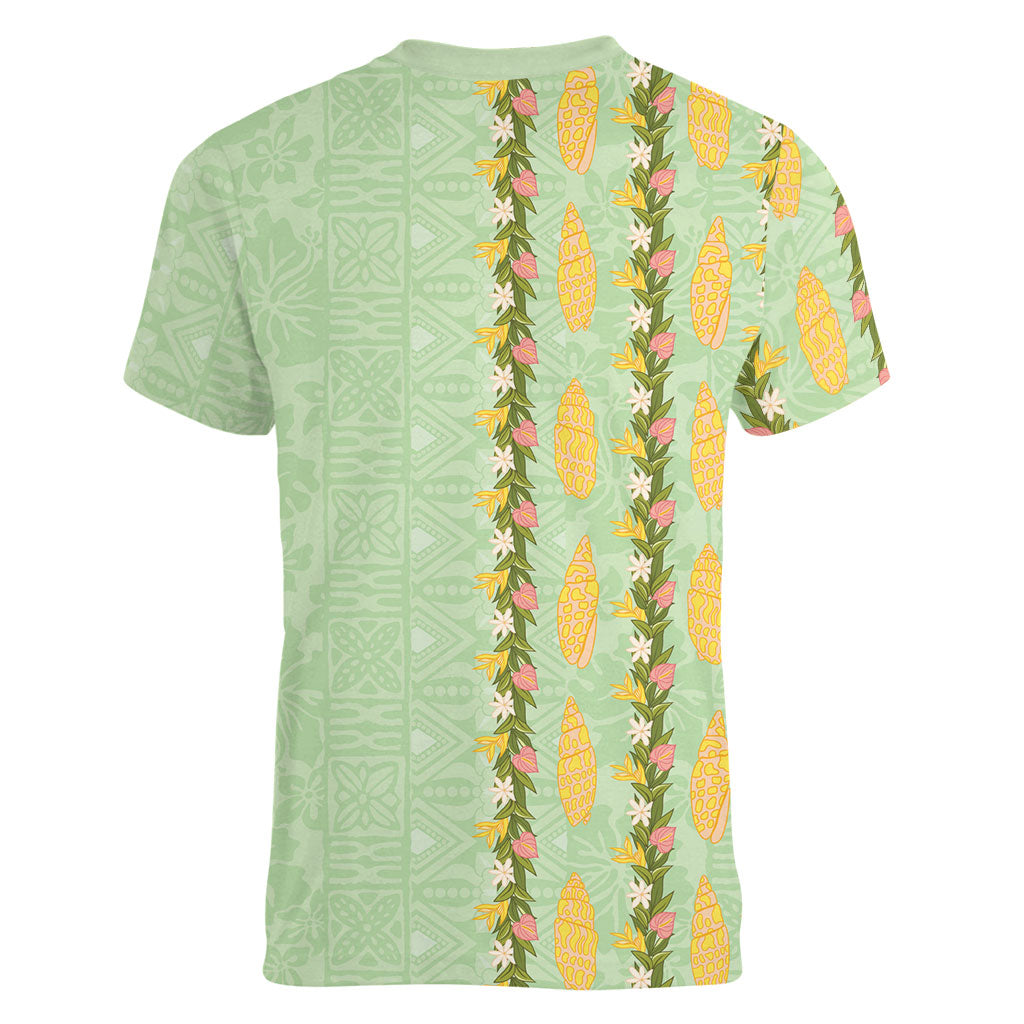 Hawaii Shell Tiare Anthurium Heliconia Lei Women V-Neck T-Shirt With Tapa Pattern Baby Green