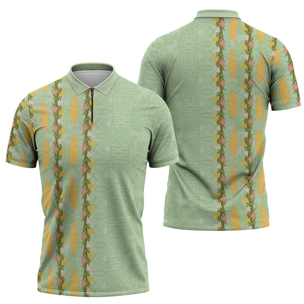 Hawaii Shell Tiare Anthurium Heliconia Lei Zipper Polo Shirt With Tapa Pattern Baby Green