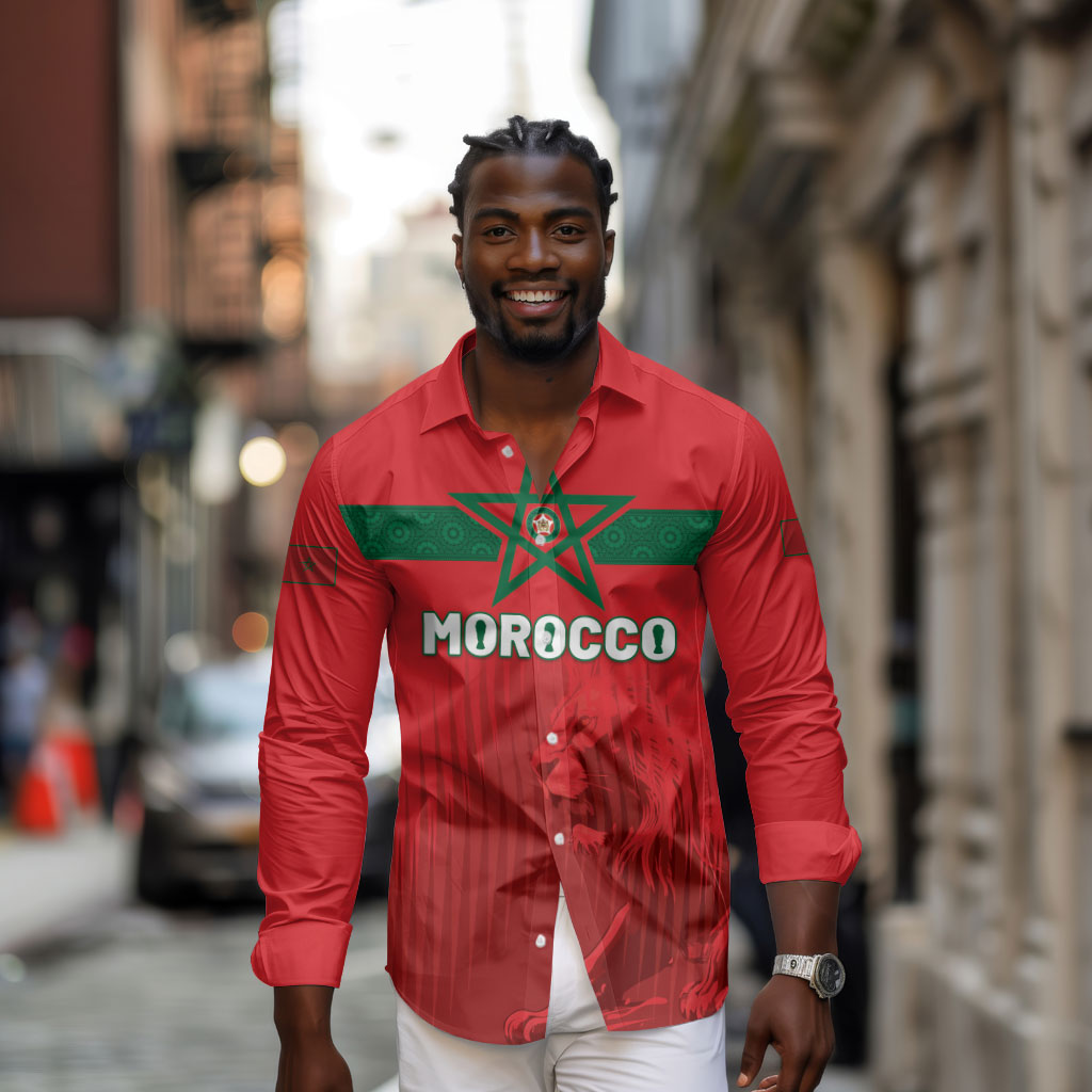 Custom Morocco Football 2026 Long Sleeve Button Shirt Atlas Lions Breathtaking Victory Red Version