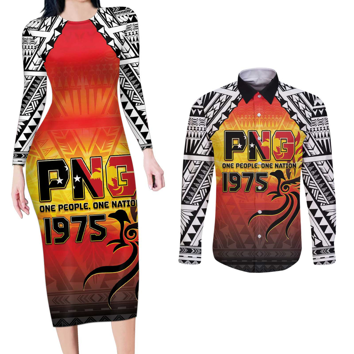 Papua New Guinea 49th Independence Day Couples Matching Long Sleeve Bodycon Dress and Long Sleeve Button Shirt One People One Nation One PNG