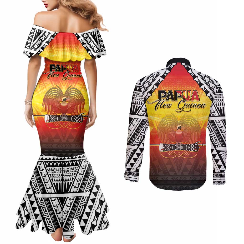 Papua New Guinea 49th Independence Day Couples Matching Mermaid Dress and Long Sleeve Button Shirt One People One Nation One PNG