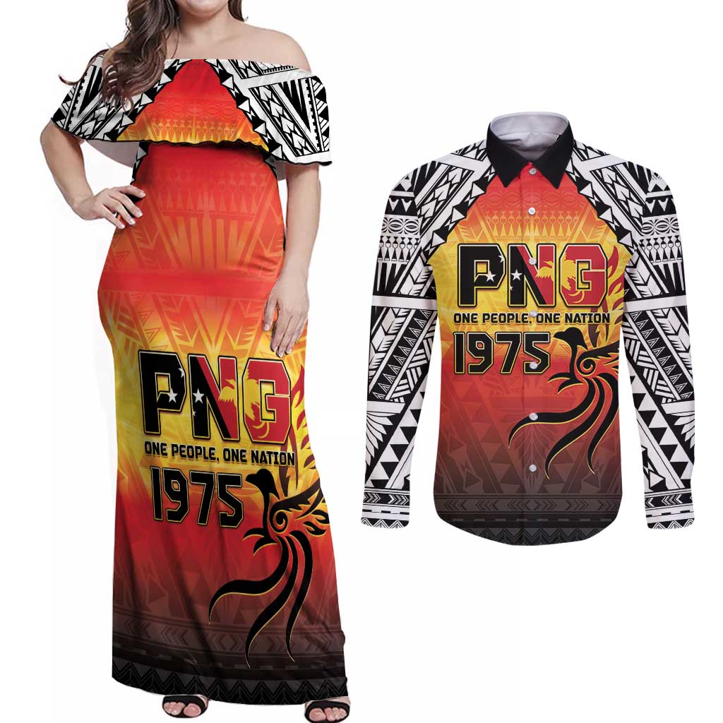 Papua New Guinea 49th Independence Day Couples Matching Off Shoulder Maxi Dress and Long Sleeve Button Shirt One People One Nation One PNG