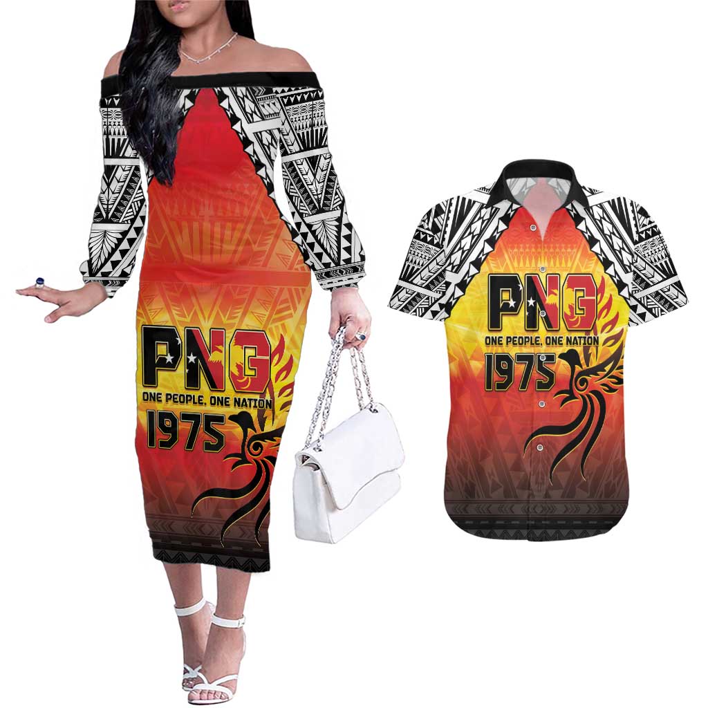 Papua New Guinea 49th Independence Day Couples Matching Off The Shoulder Long Sleeve Dress and Hawaiian Shirt One People One Nation One PNG
