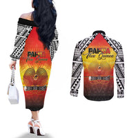 Papua New Guinea 49th Independence Day Couples Matching Off The Shoulder Long Sleeve Dress and Long Sleeve Button Shirt One People One Nation One PNG