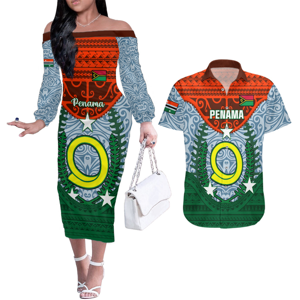 Vanuatu Penama Province Couples Matching Off The Shoulder Long Sleeve Dress and Hawaiian Shirt Vanuatuan Coat Of Arms Polynesian Pattern LT05 Green - Polynesian Pride