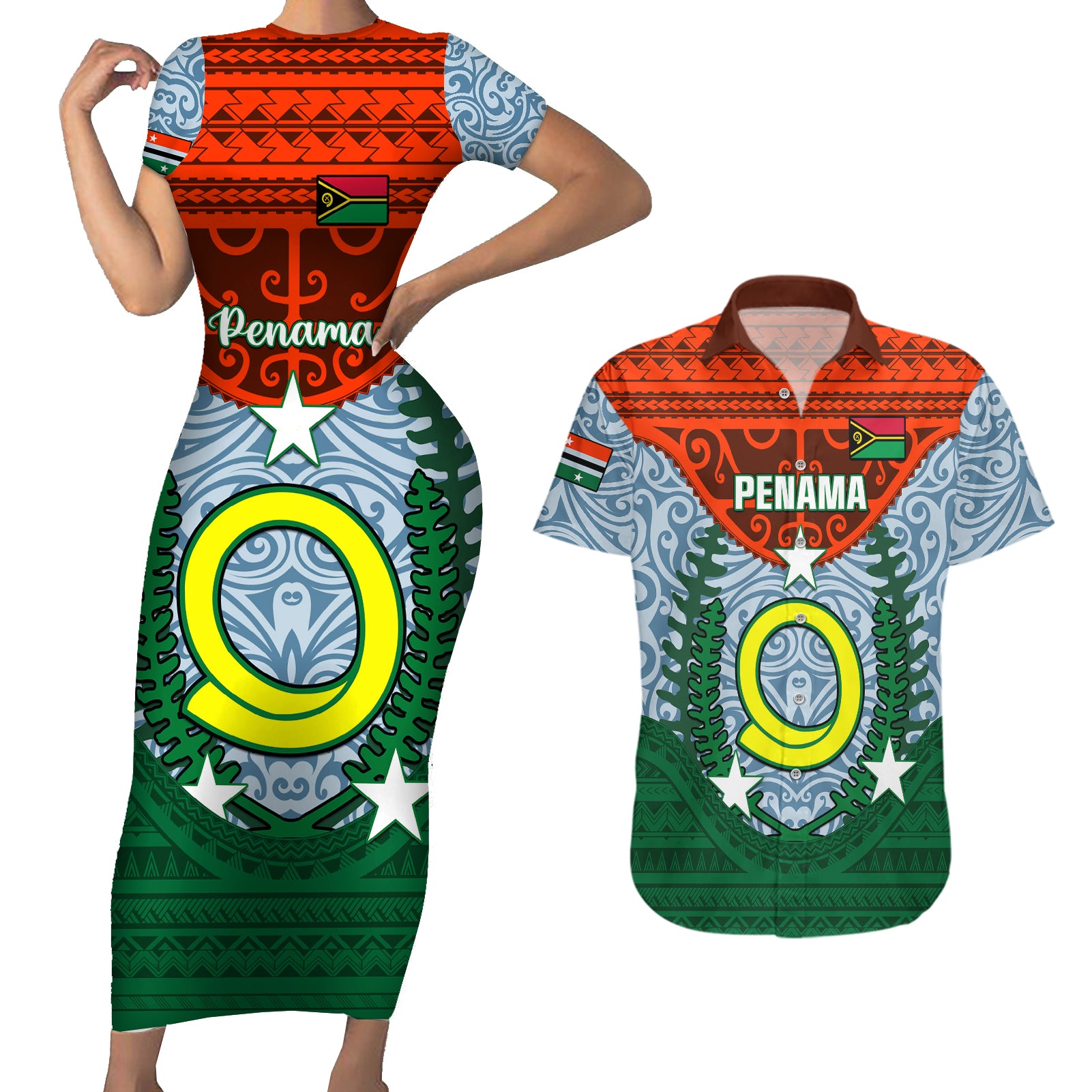 Personalized Vanuatu Penama Province Couples Matching Short Sleeve Bodycon Dress and Hawaiian Shirt Vanuatuan Coat Of Arms Polynesian Pattern LT05 Green - Polynesian Pride