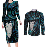 New Zealand Aotearoa Couples Matching Long Sleeve Bodycon Dress and Long Sleeve Button Shirt Maori Tane Te Waiora Paua Shell Glitter Turquoise LT05 Turquoise - Polynesian Pride