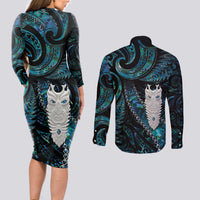 New Zealand Aotearoa Couples Matching Long Sleeve Bodycon Dress and Long Sleeve Button Shirt Maori Tane Te Waiora Paua Shell Glitter Turquoise LT05 - Polynesian Pride