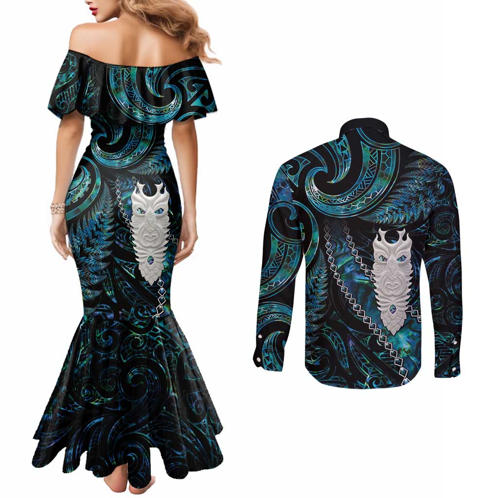New Zealand Aotearoa Couples Matching Mermaid Dress and Long Sleeve Button Shirt Maori Tane Te Waiora Paua Shell Glitter Turquoise LT05 - Polynesian Pride
