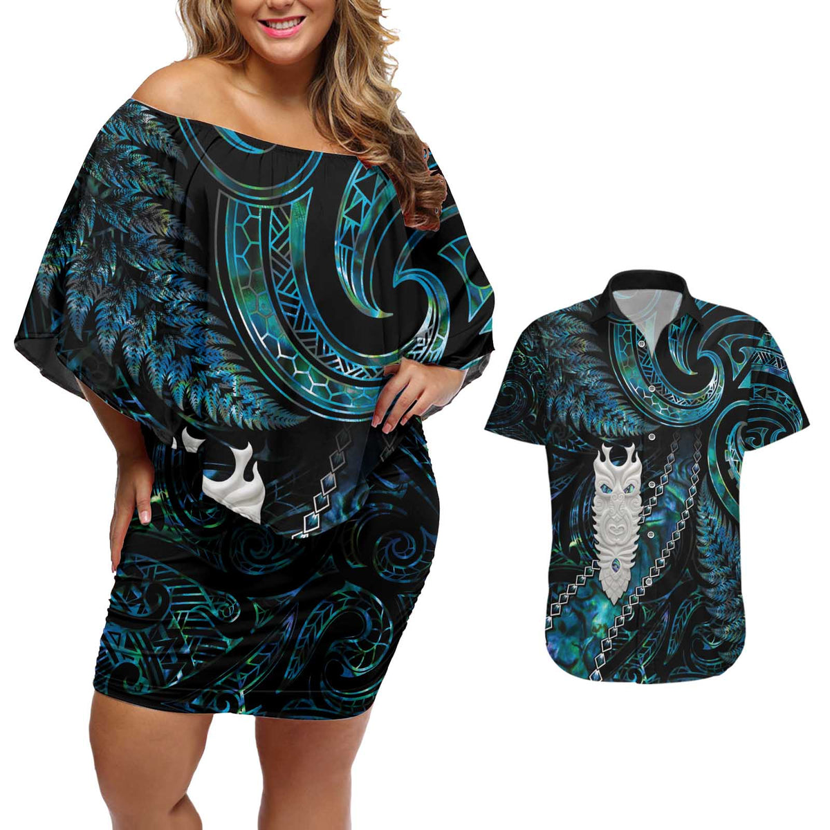 New Zealand Aotearoa Couples Matching Off Shoulder Short Dress and Hawaiian Shirt Maori Tane Te Waiora Paua Shell Glitter Turquoise LT05 Turquoise - Polynesian Pride