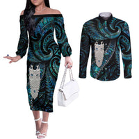 New Zealand Aotearoa Couples Matching Off The Shoulder Long Sleeve Dress and Long Sleeve Button Shirt Maori Tane Te Waiora Paua Shell Glitter Turquoise LT05 Turquoise - Polynesian Pride