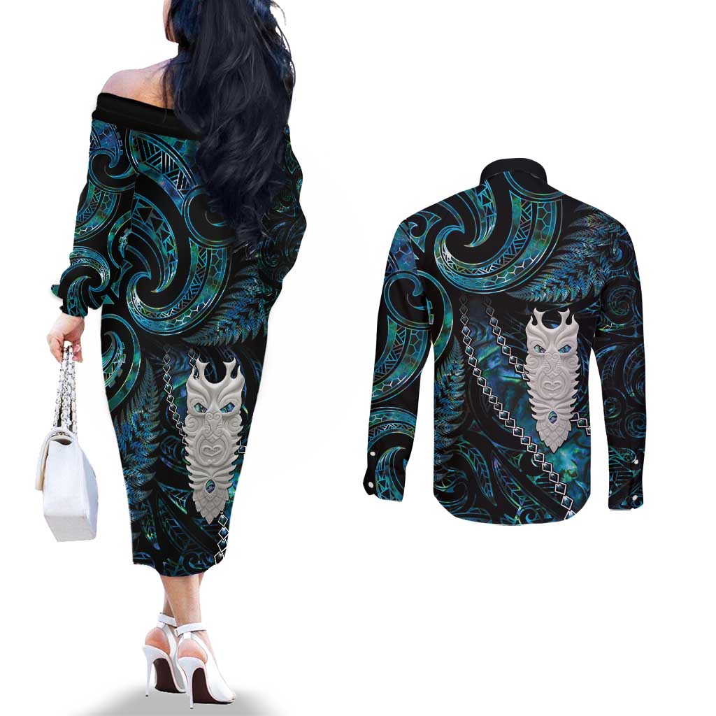 New Zealand Aotearoa Couples Matching Off The Shoulder Long Sleeve Dress and Long Sleeve Button Shirt Maori Tane Te Waiora Paua Shell Glitter Turquoise LT05 - Polynesian Pride