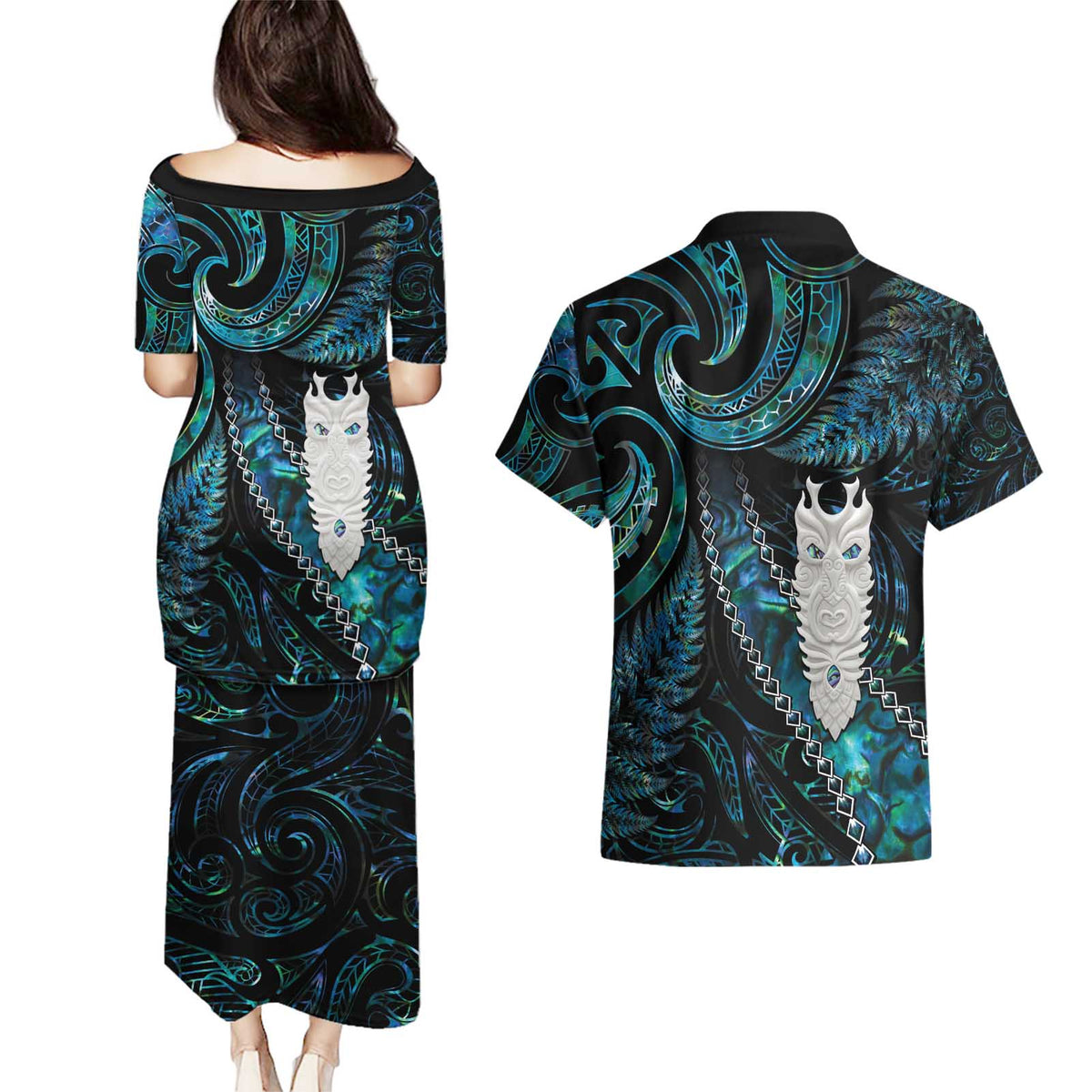 New Zealand Aotearoa Couples Matching Puletasi and Hawaiian Shirt Maori Tane Te Waiora Paua Shell Glitter Turquoise LT05 - Polynesian Pride