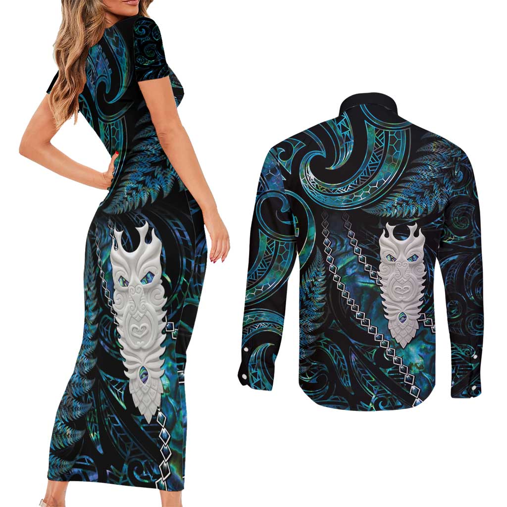 New Zealand Aotearoa Couples Matching Short Sleeve Bodycon Dress and Long Sleeve Button Shirt Maori Tane Te Waiora Paua Shell Glitter Turquoise LT05 - Polynesian Pride