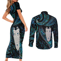New Zealand Aotearoa Couples Matching Short Sleeve Bodycon Dress and Long Sleeve Button Shirt Maori Tane Te Waiora Paua Shell Glitter Turquoise LT05 - Polynesian Pride
