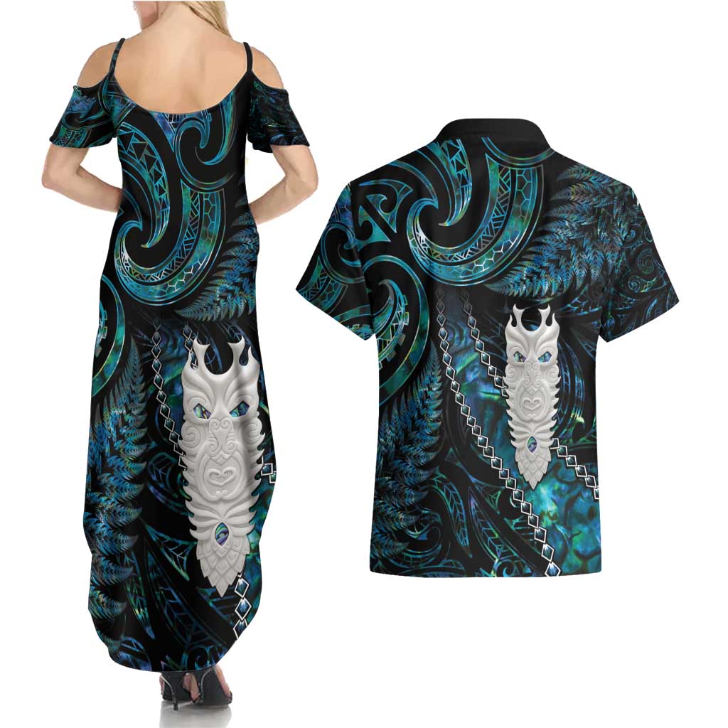 New Zealand Aotearoa Couples Matching Summer Maxi Dress and Hawaiian Shirt Maori Tane Te Waiora Paua Shell Glitter Turquoise LT05 - Polynesian Pride