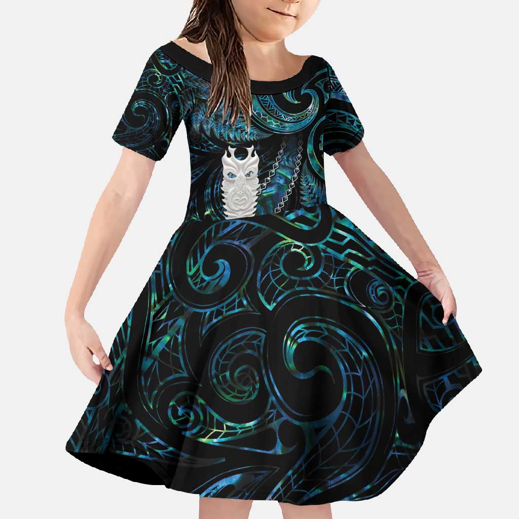 New Zealand Aotearoa Family Matching Long Sleeve Bodycon Dress and Hawaiian Shirt Maori Tane Te Waiora Paua Shell Glitter Turquoise LT05 Daughter's Dress Turquoise - Polynesian Pride